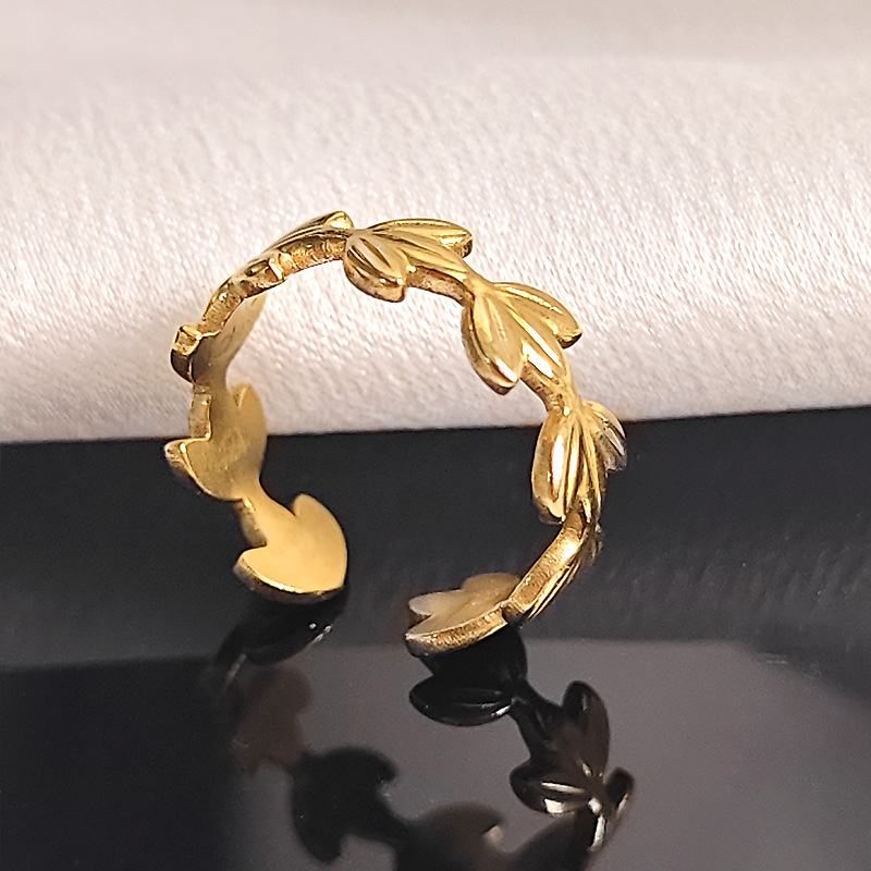 Top Source Titanium Steel Open Female Ins Cold Wind Leaf Korean Edition Ring Fashion Simple