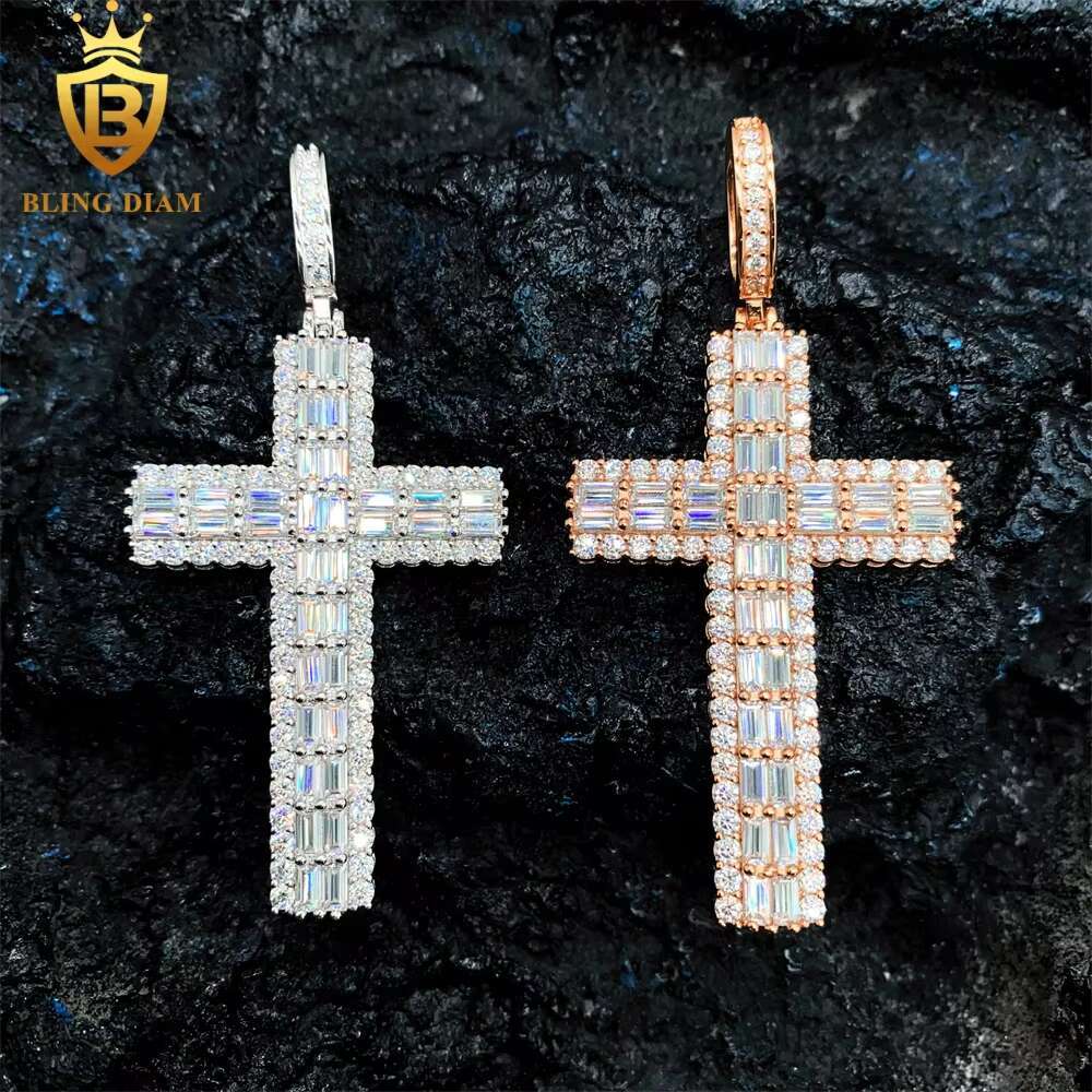 Hip Hop Jewelry 925 Sterling Silver Iced Out Baguette Moissanite Diamond Cross Pendant 2 Size