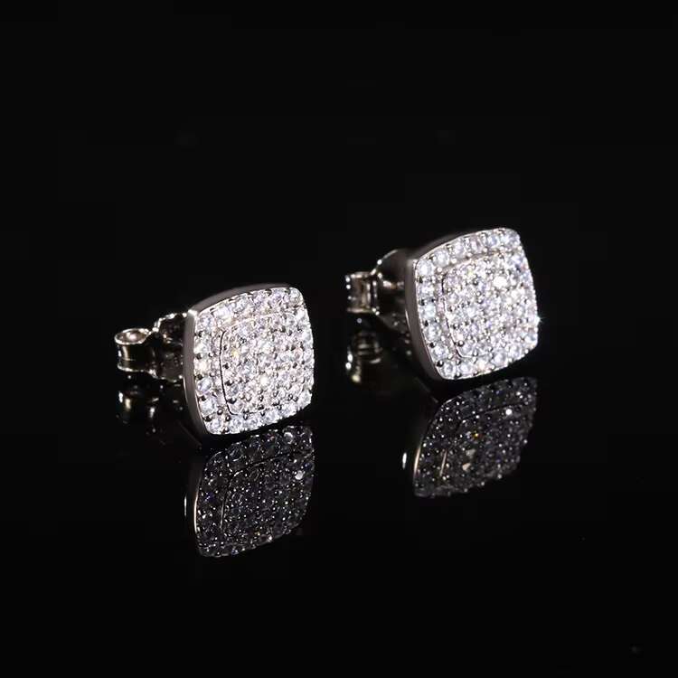 Hot Sale Trendy Moissanite Earrings Jewelry Square Style 925 Solid Silver Round Moissanite Diamond Stud Earrings for Man Women