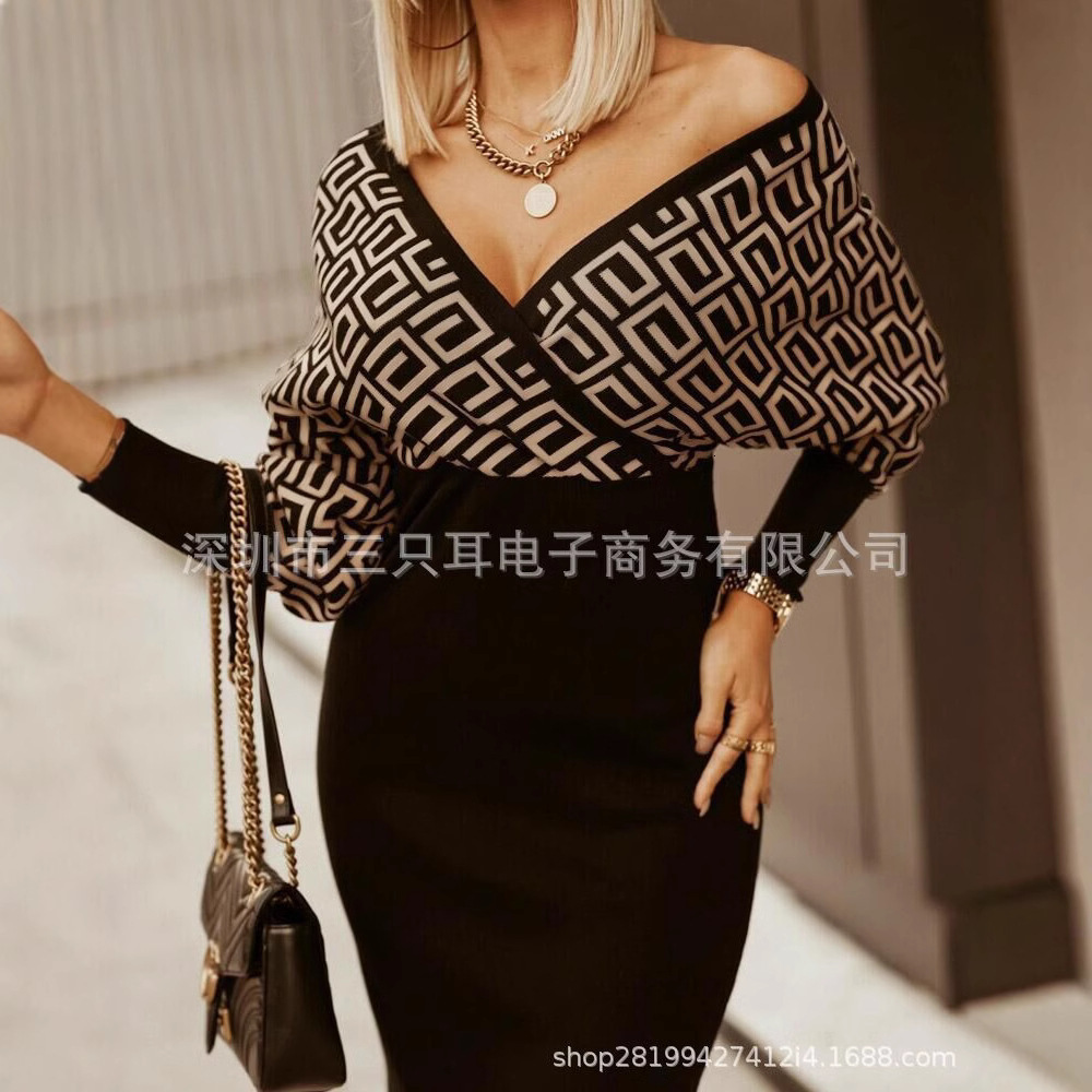 Aw2021 V-neck geometric print tight bag hip medium length dress women
