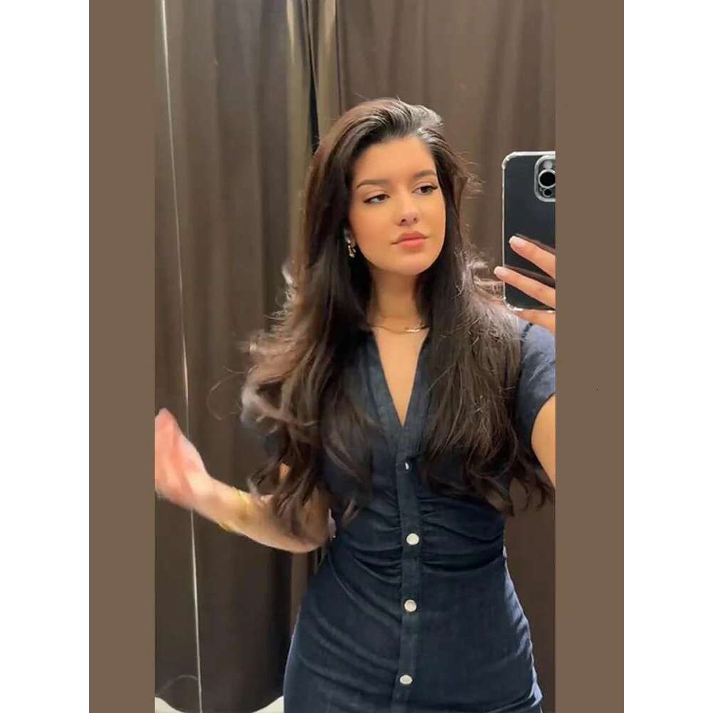 Elegant Pleated Women Denim Dress Turn-Down Collar Single Breasted Slim Female Long Dresses 2025 Summer New Fashion Lady Robe