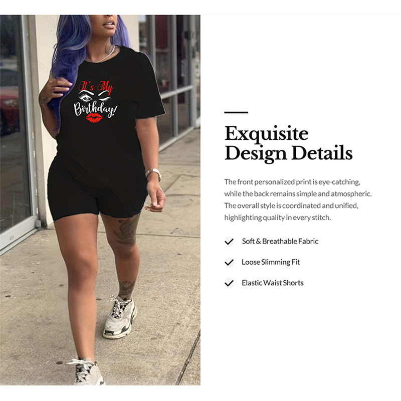 It's My Birthday Graphic Letter Print 2-Piece Outfit (T-Shirt + Shorts) - Women's Casual Loose Fit Birthday Party Set A7181