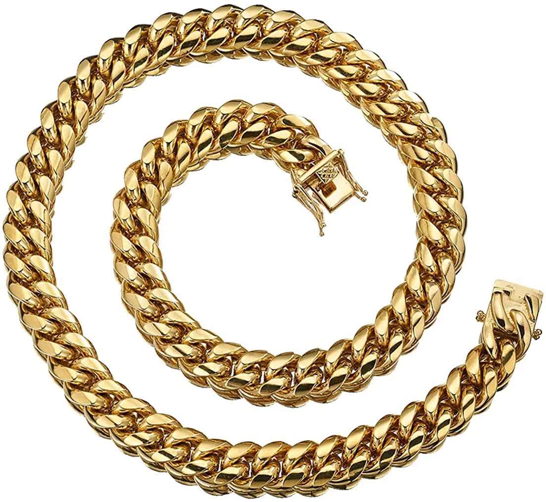 Granny Chic High Polished Gold Color 316L Stainless Steel Curb Cuban Link Chain Necklace or Bracelet Jewelry Gift for Men Women