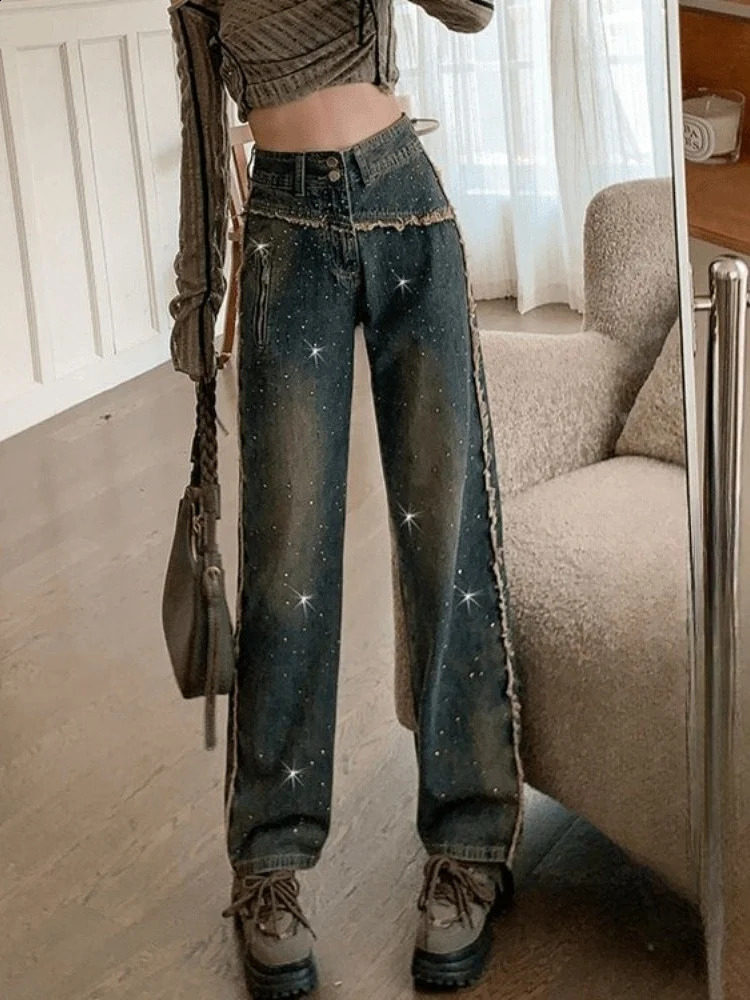 Womens jeans high waisted black all diamond rhinestone solid color straight wide legs denim pants fashion for autumn 250422