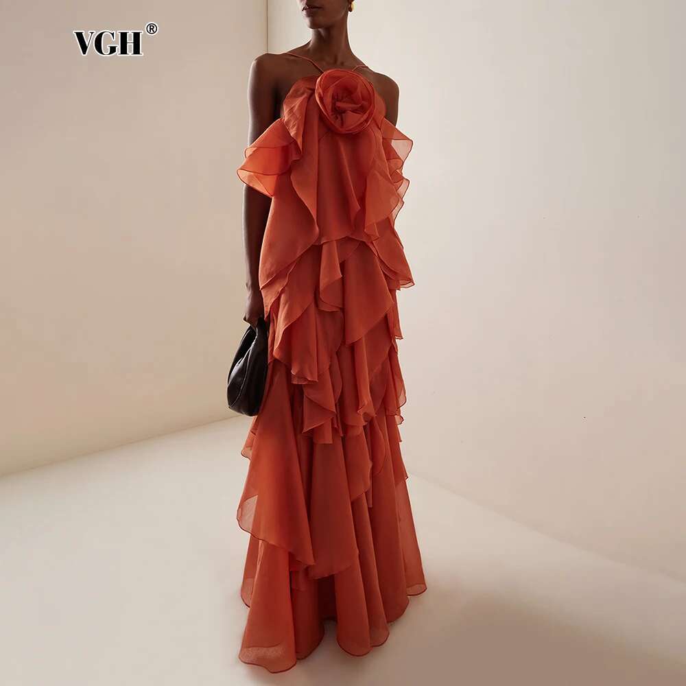 VGH Chic Long Style Women's Loose Dresses With Ruffles Halter Sleeveless Spliced Large Flower Chiffon Dress Female Clothing New