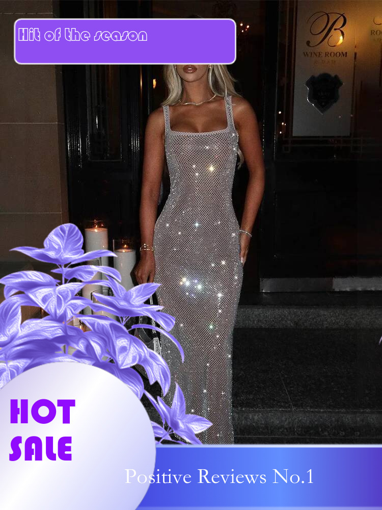 Dongdumaoyi Townlike Hot Diamonds Nightclub Sexy Party Dress Women Spaghetti Strap Spring Summer Slim Bodycon Maxi Long Dresses