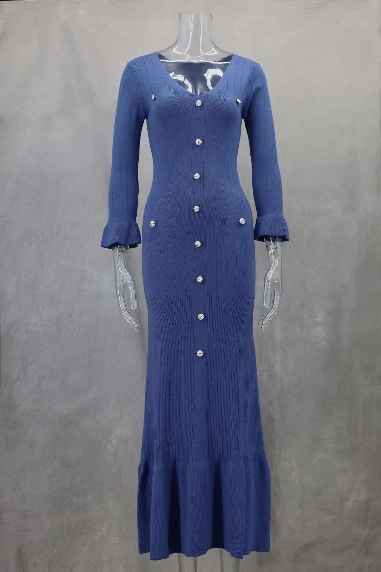 Knit V-Neck Women Full Sleeve Button Bodycon Long Dress 2025 Spring Slim Sexy Night Club Birthday Party Evening Dresses