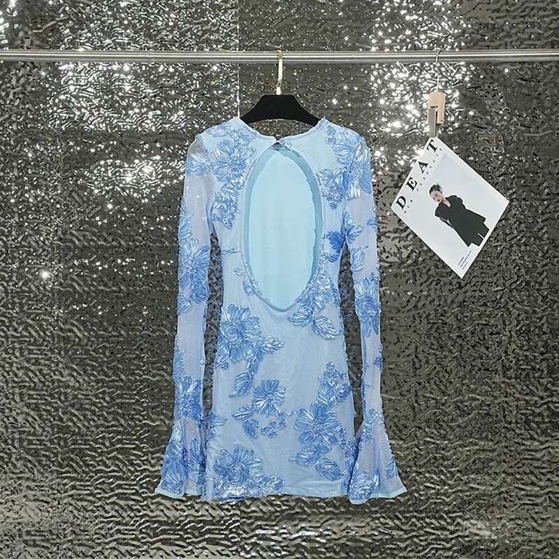 DEAT 2025 Autumn Fashion Trendy Women's Embroidery Flower Back Hollow Out Dress O-Neck Flare Sleeves Dresses Female 11Xx8960