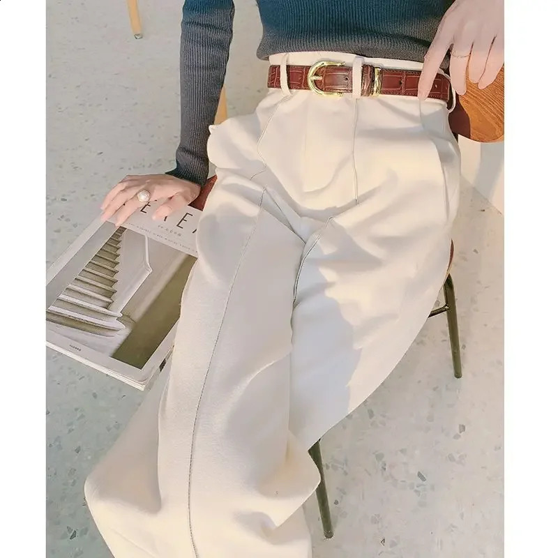 White Ladies Pants Solid Loose High Waist Wide Leg Pants Fashion Casual Womens Pants Suit Button Straight Pants 250421