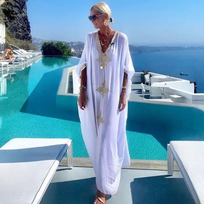 WeHello Womens Summer Premium Bikini Beach Body Cotton Gold Embroidered Robe Loose Comfortable Holiday Dress 250422