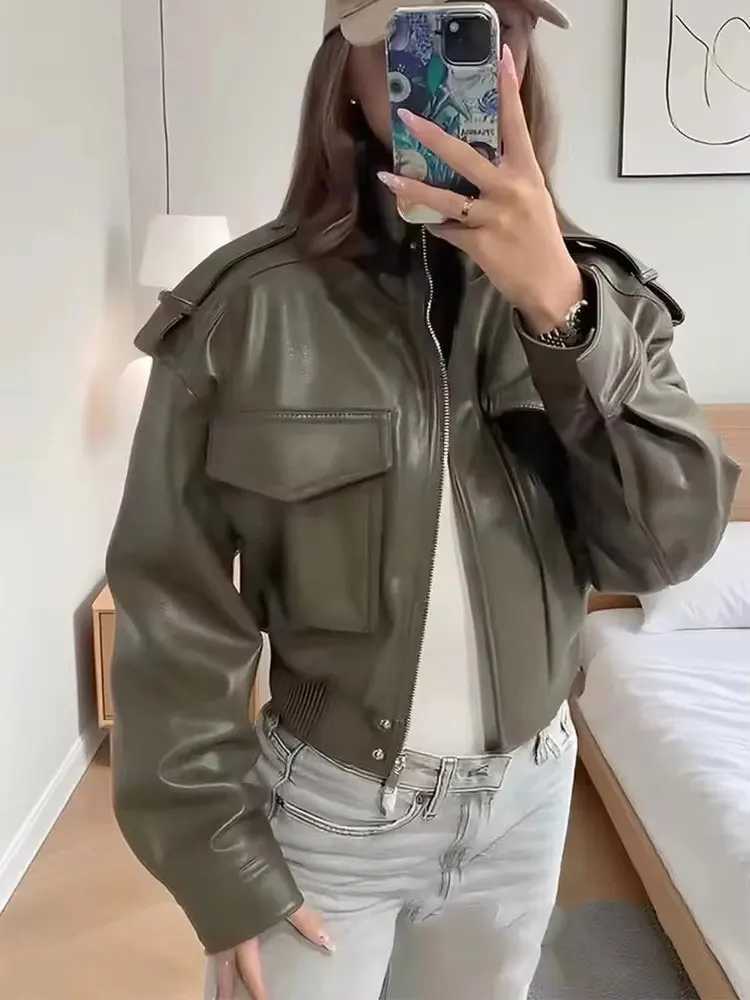 HH Women Faux Leather Cropped Jacket vintage Bomber Jackets With Pockets Long Sleeve Coats Zipper Overcoat Jacket For Woman J251124