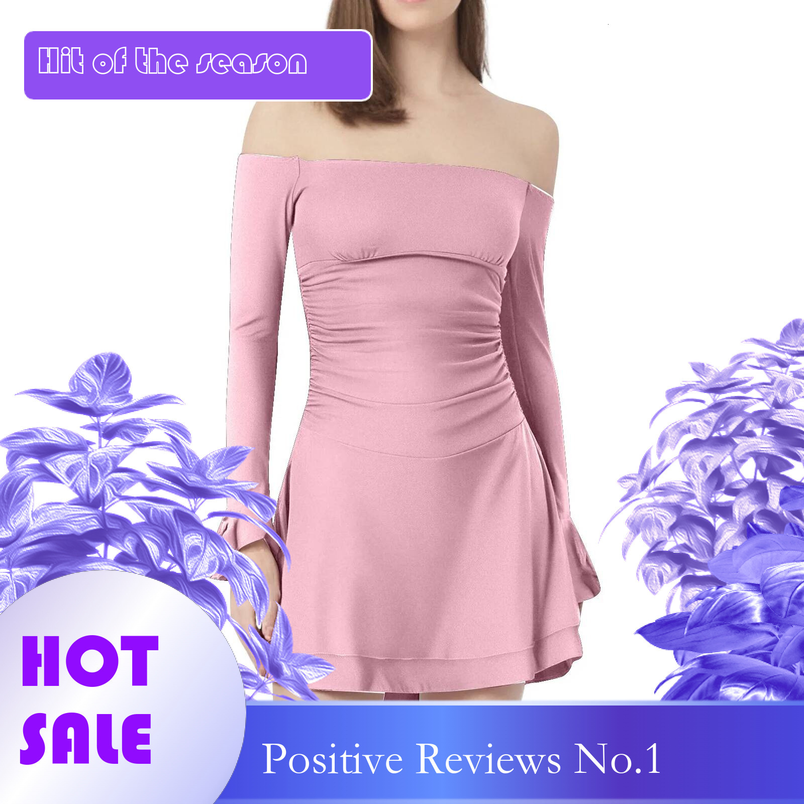Dongdumaoyi Womens Elegant Off Shoulder Dress Fashion Layered Ruffled Flare Long Sleeve Solid Color Ruched Slim Short Mini A Line
