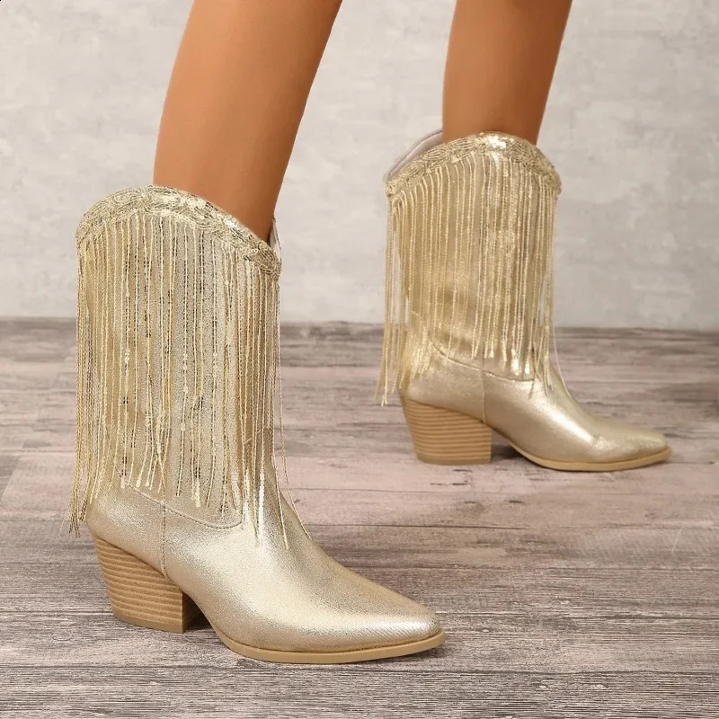 Shoes for Women Fringed Sequin Fashion Womens Boots Comfortable Square Heel Modern Boots Gold Platform Boots 250418