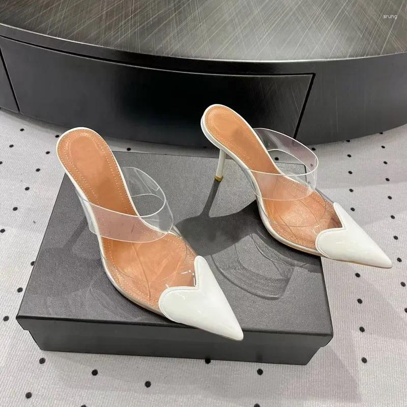 Dress Shoes Elegant Pointed Toe Transparent PVC Heart High Heels Mules Slipper Women 2025 Black White Red Luxury Designer Pumps