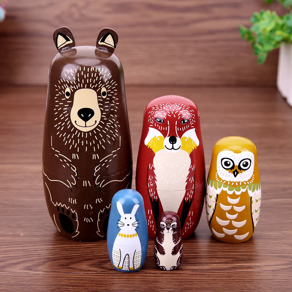 5 Floors Wooden Russian Nesting Dolls Safe Smooth Bear Ears Matryoshka Dolls Set Handmade Painted for Kindergarten Teaching Aids 250423