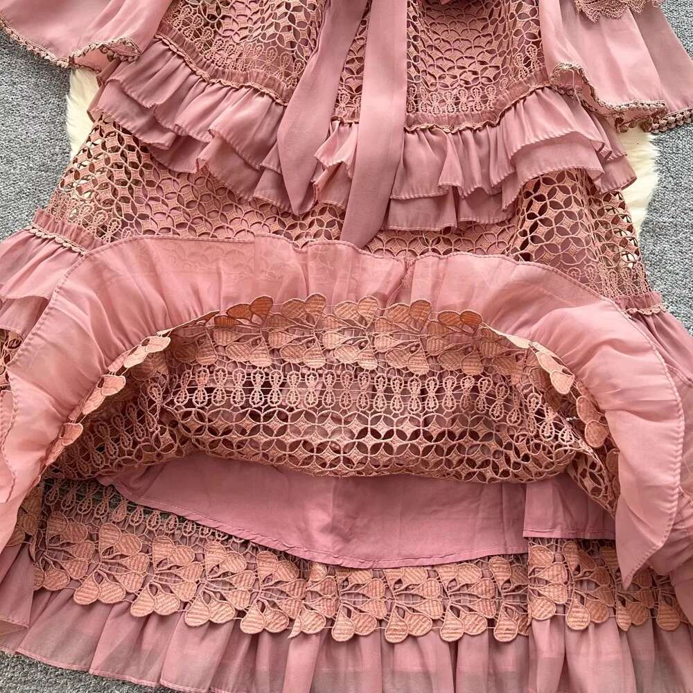 Elegant Hollow Out Lace V-Neck Vintage Flare Sleeves Chic Bandage Slim A-Line Cake Long Dresses French High Street Clothing