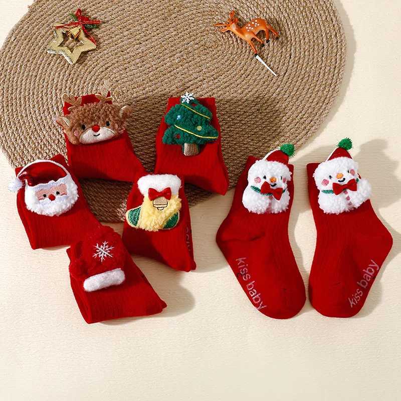 Kids Red Christmas Socks Cute Elk Tree Snowman Children Anti-Slip Floor Socks Boy Girl Winter Warm Mid Tube Sock Xmas Footwear G251124