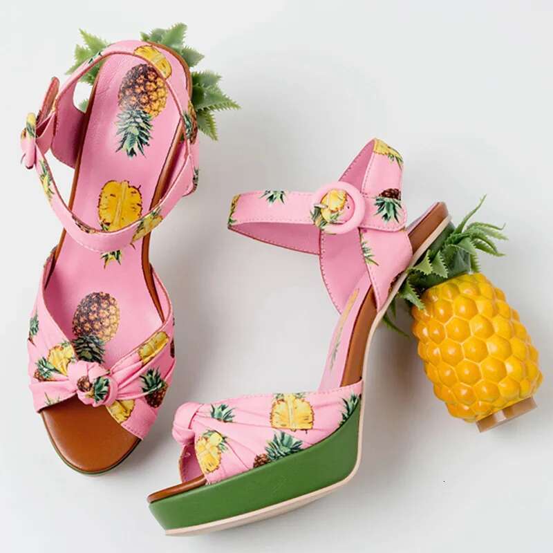 Summer Pink Pineapple Print Open-Toe Platform Sandals Sweet High-Heel Buckle Strappy Women Shoes Lovely Sandalias Mujer