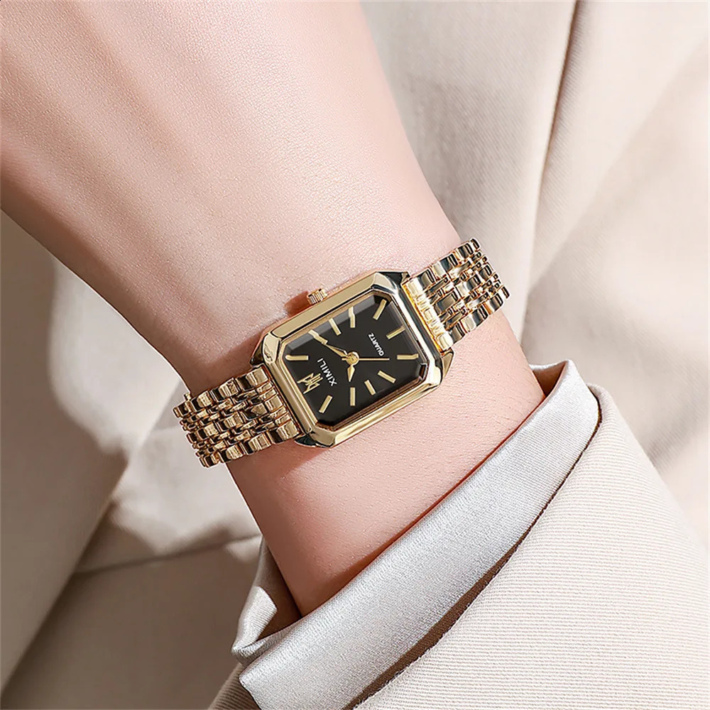 Womens Fashion Square Watch Gold Alloy Strap 2025 Quartz High Quality Roman Scale 250417