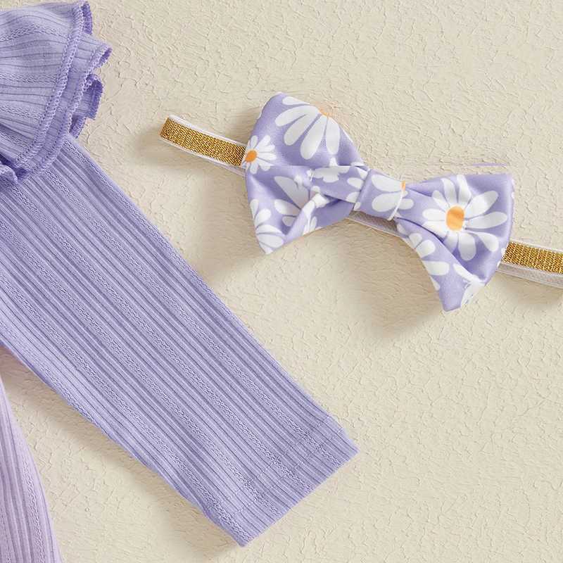 Clothing Sets 2024-05-23 Lioraitiin Baby Girl 3 Piece Fall Outfit Long Sleeve Ribbed Romper Flare Pants Bow Headband R250424