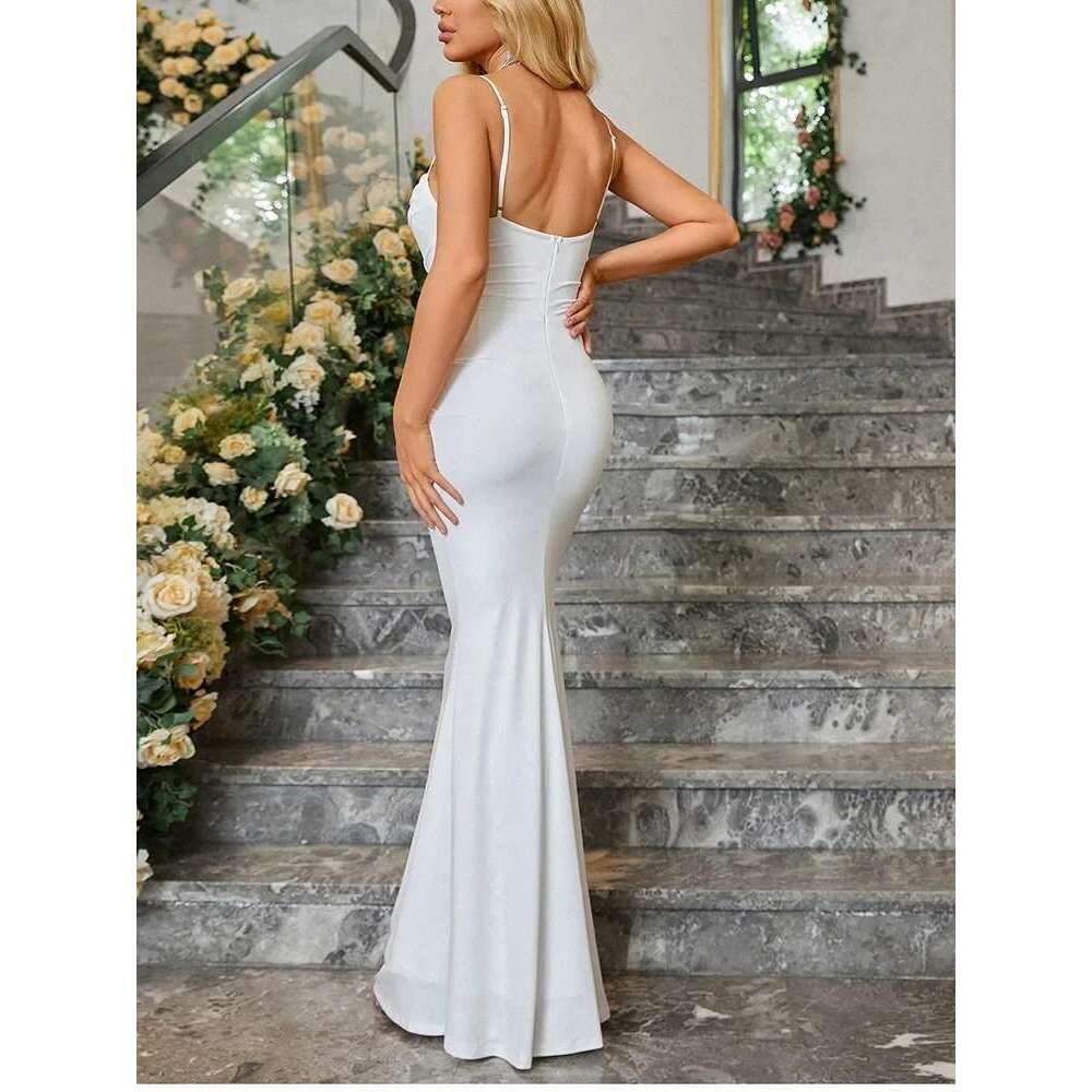 Designer Clothes Newasia Women's Sleeveless Backless Slip Maxi Dress Spaghetti Straps Fishbone Ruched Bodycon Elegant Party Club Long Dresses