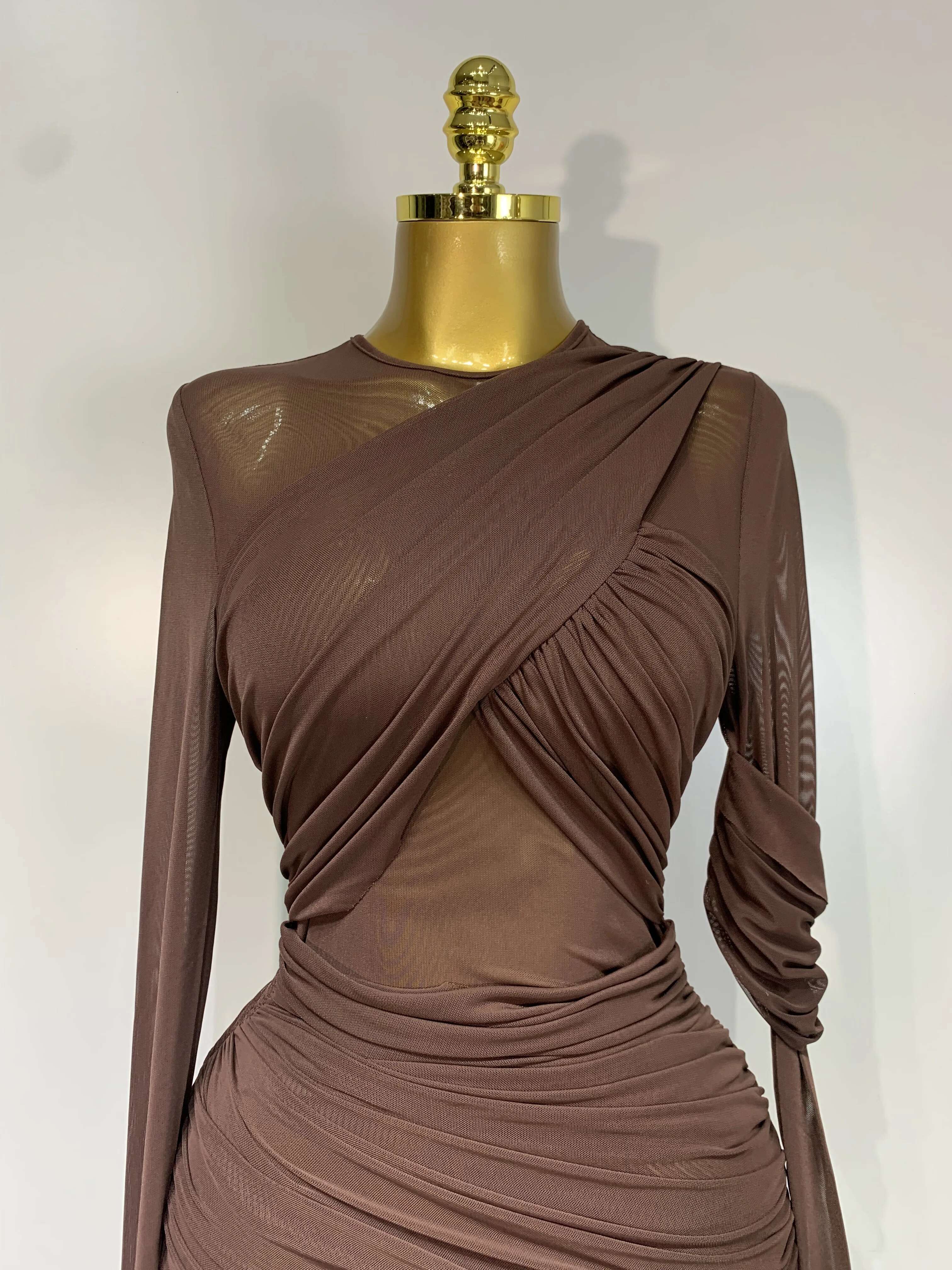 Elegant Brown Mesh Fold Long Sleeve Bodycon Dress Women 2025 Evening Party Club Sexy Perspective Fashion Birthday Dresses