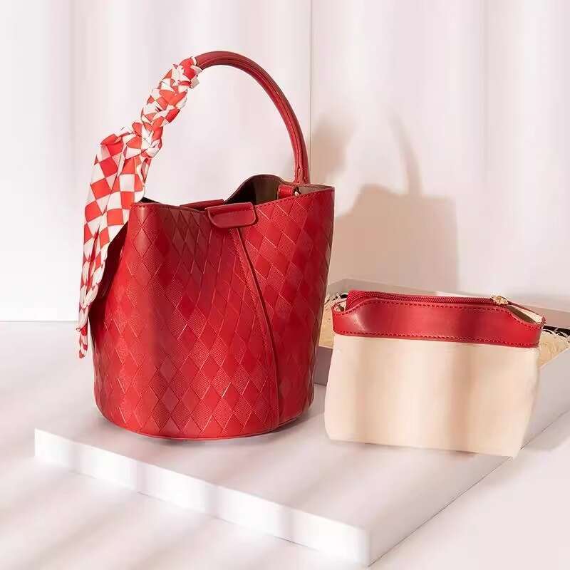 Red Diamond Grid Bride S Wedding Vegetable Basket Bucket Women S Handbag Crossbody Bag Daily Use