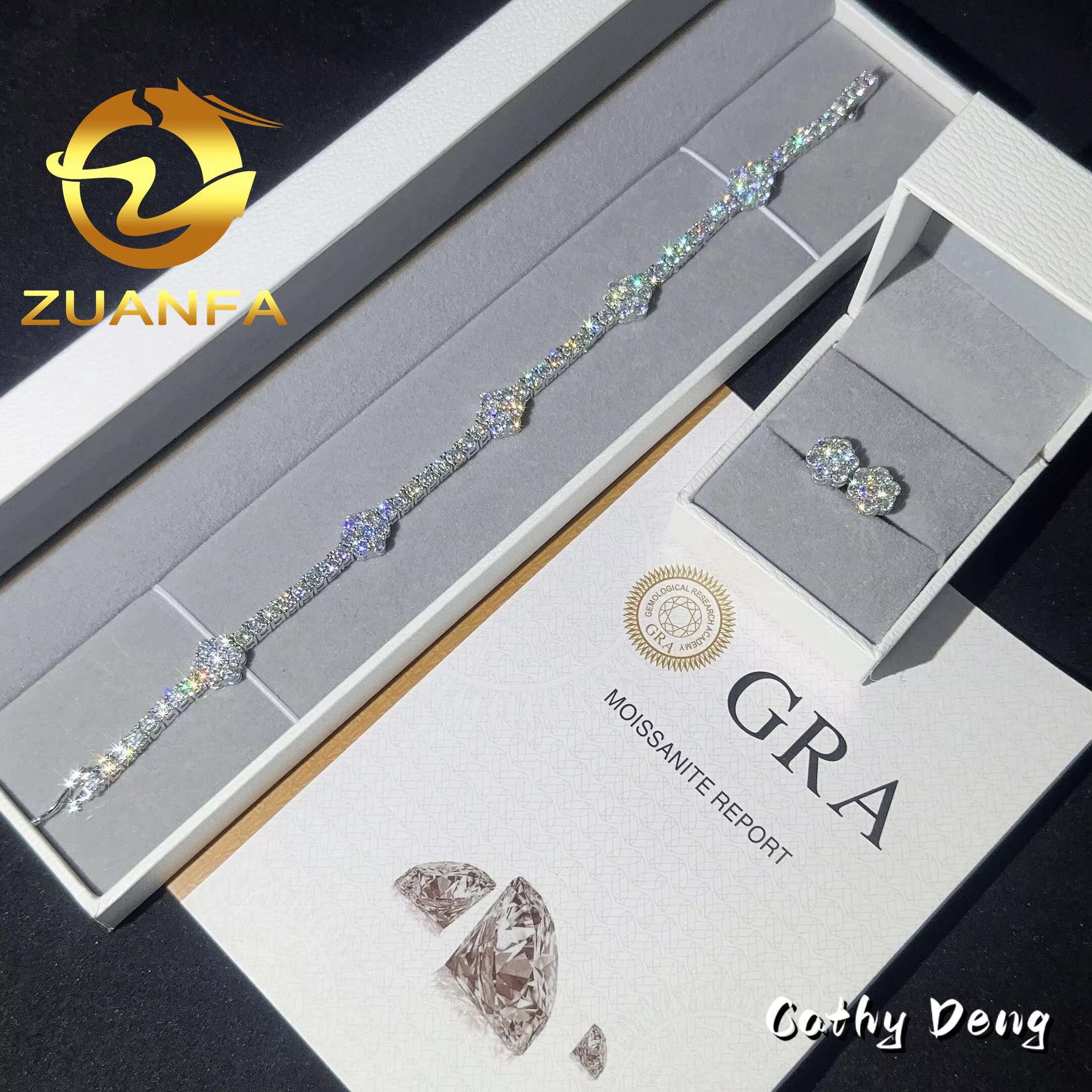 New Flower 3mm Moissanite Tennis Chain Bracelet With Stud Earrings Set 925 Silver Hip Hop Bracelet Tennis Bracelet Pass test