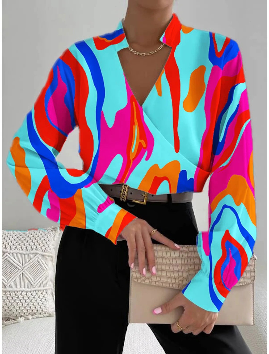2023 Autumn New Product Long Sleeve V-neck Splicing Shirt for Women