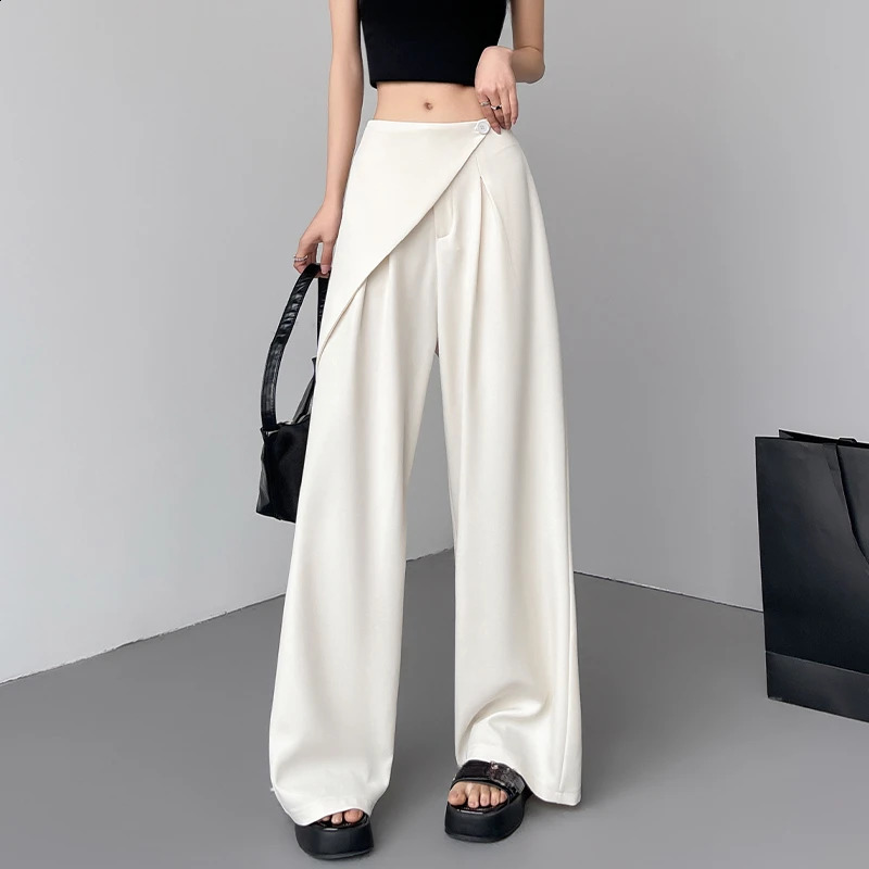 Spring Summer Irregular Wide Leg Suit Pants Women 2025 Button High Waist Straight Casual Loose Korean Trousers Female 250421