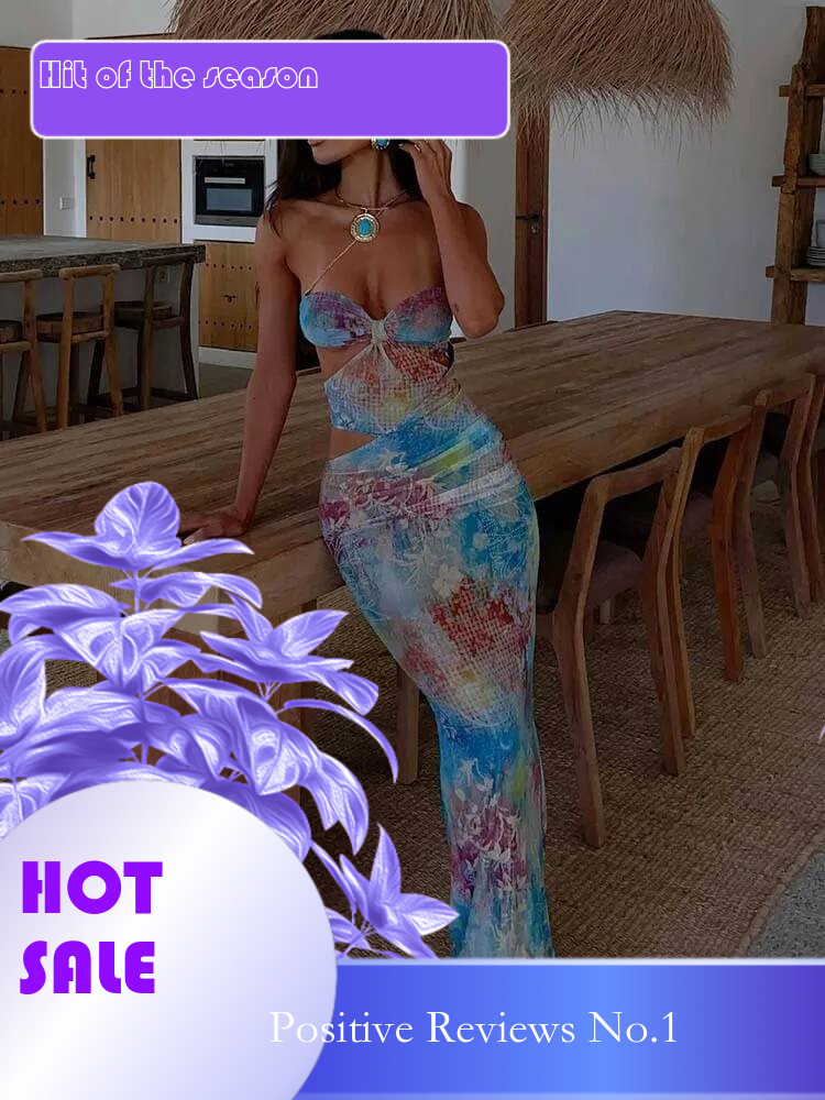 Dongdumaoyi Townlike Print Slim Bodycon Dress Women Strapless Spring Summer Maxi Long Hollow Out Nightclub Sexy Party Dresses