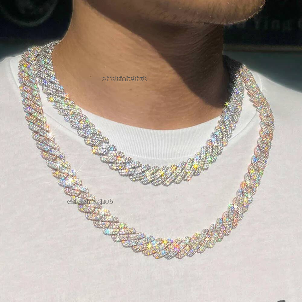pass tester fashion gra moissanite dia 8mm-20mm wide 2rows solid sier cuban link chain for rapper hip hop necklace gift accessories