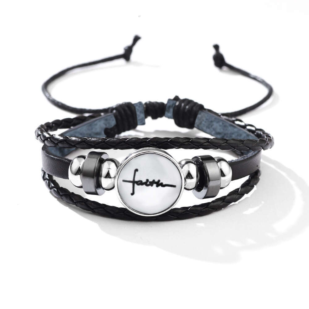 Temu Hot selling Bracelet English Letter Faith Glass Buckle Knitted Leather Bracelet, niche and high-end