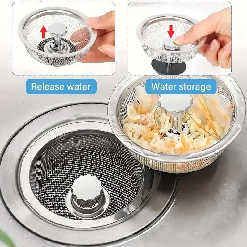 Update 2Set Kitchen Sink Strainer With Handle & Stopper Replacement Drain Basket Stainless Steel Mesh Filter Waste Hole
