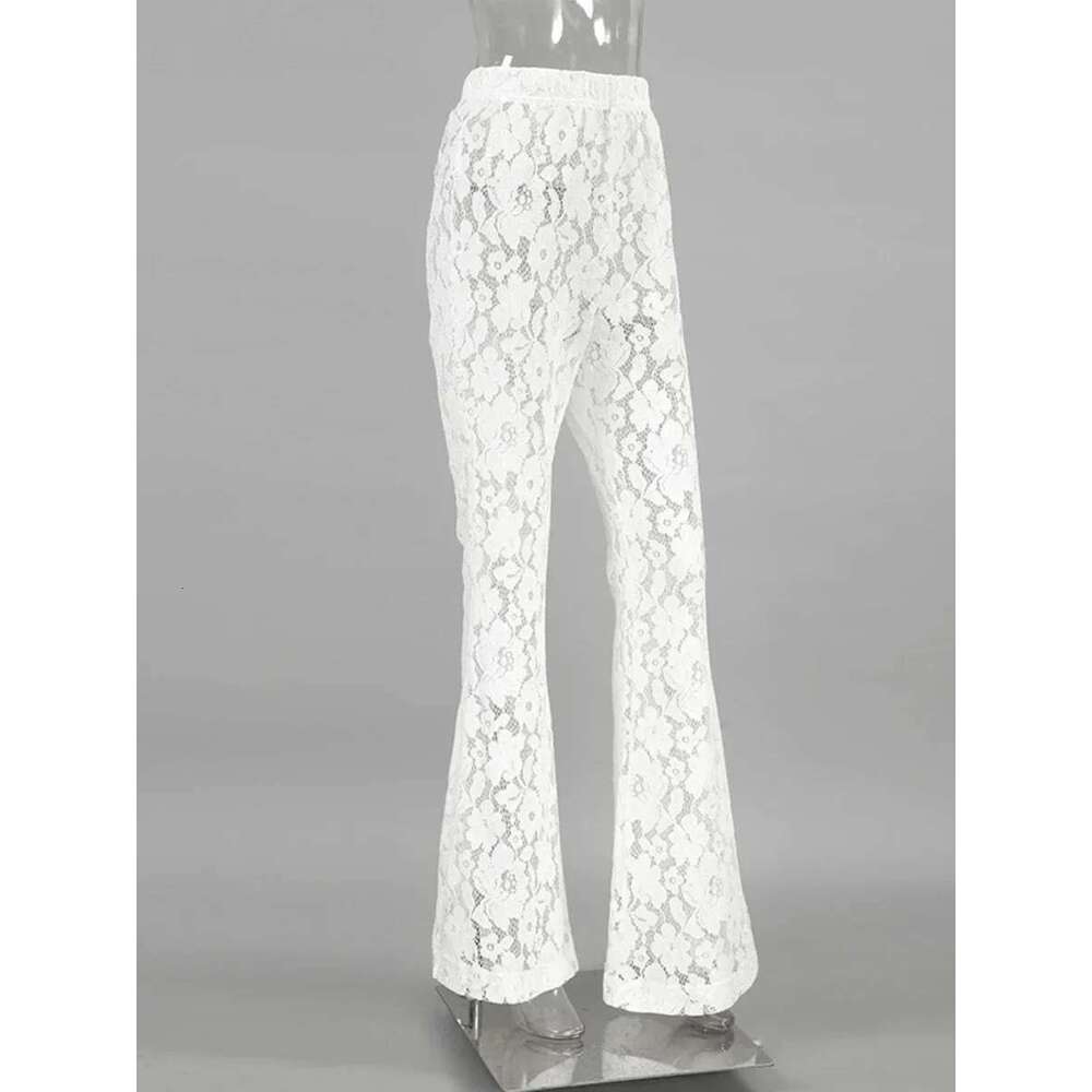 Wolfeel Sexy Perspective White Flare Summer Women Vacation High Waist Long Trousers Lace Beach Style Female Pants 2025