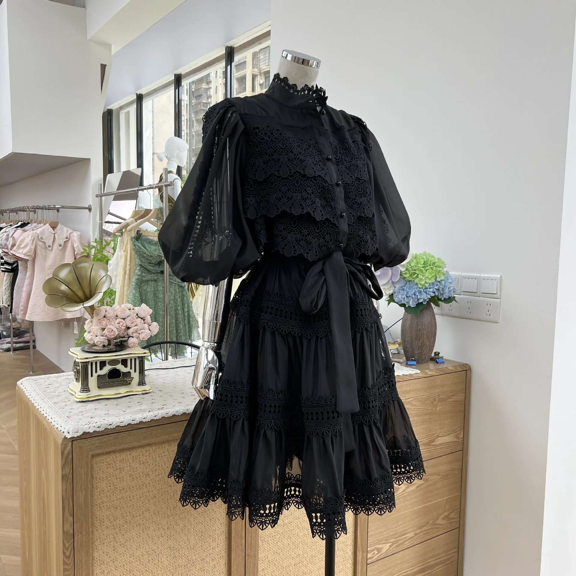 Organza Hollow Out Short Dress Women's Fashion 2025 Spring Summer Pearls Loose Evening Party Ruffles Dresses Quality
