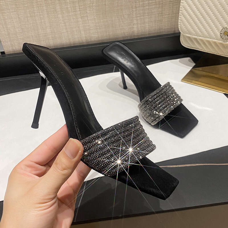Woman Sandals Black Sexy Square Toe Slim Heel Rhinestone Straight Strap Sandals Internet Famous High Heels Cool Slippers For Women Versatile High End 