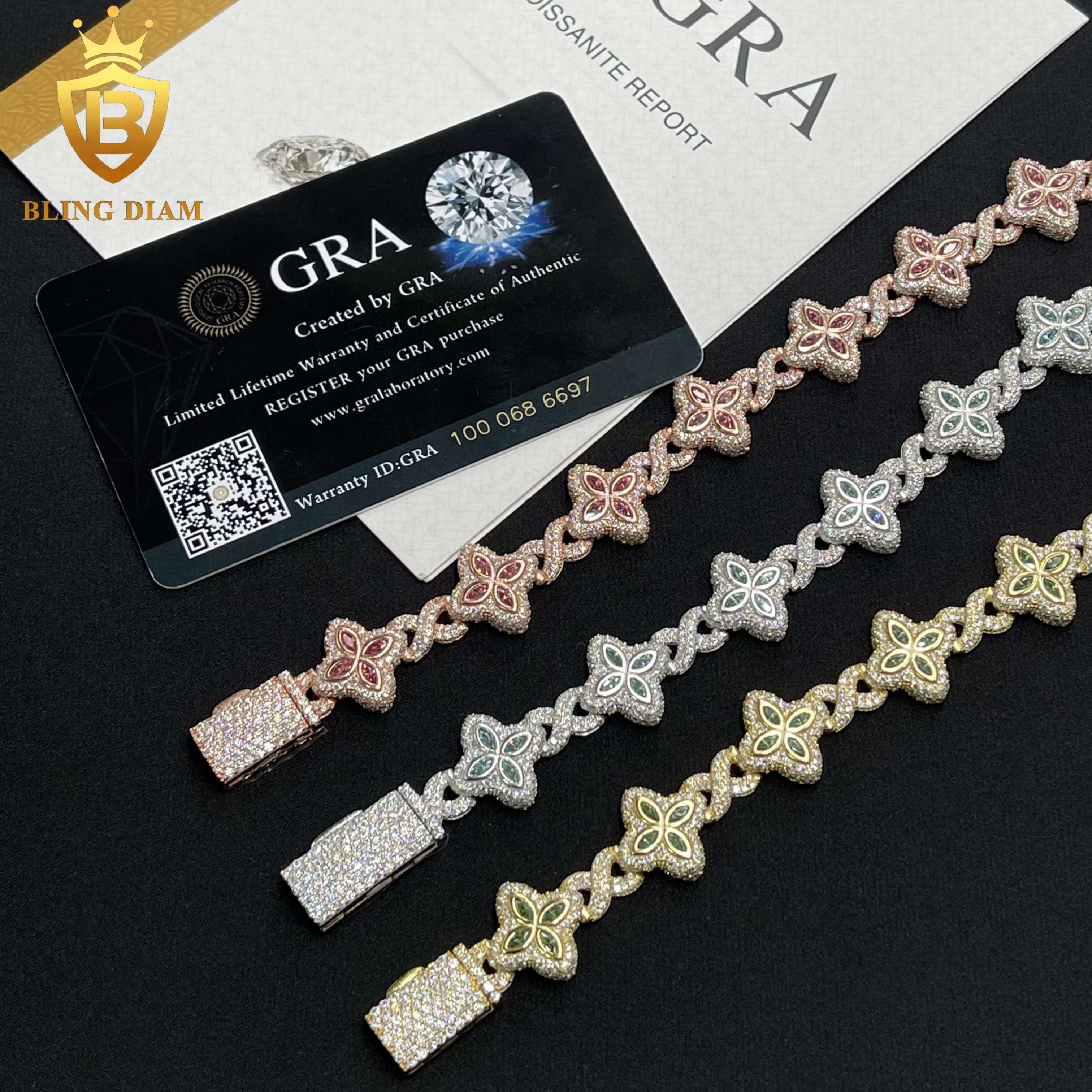 Blingdiam Jewelry 15mm Marquise Flower Design Four Leaf Clover 925 Silver Iced Out Moissanite Cuban Link Bracelet Men Women
