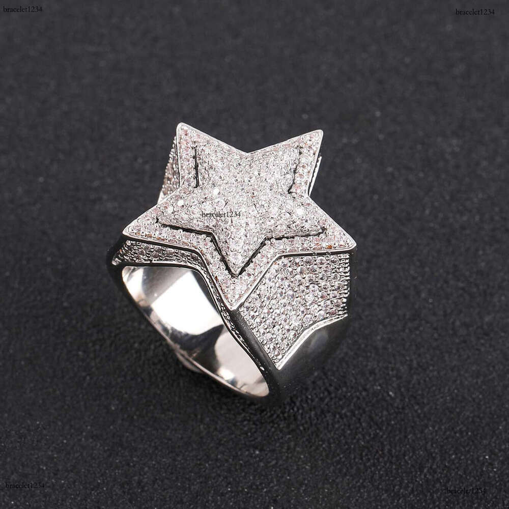 Luxury designer Hip Hop Ice out VVS Moissanite 3D five-point star double copper plated real gold Men women Hip hop rings
