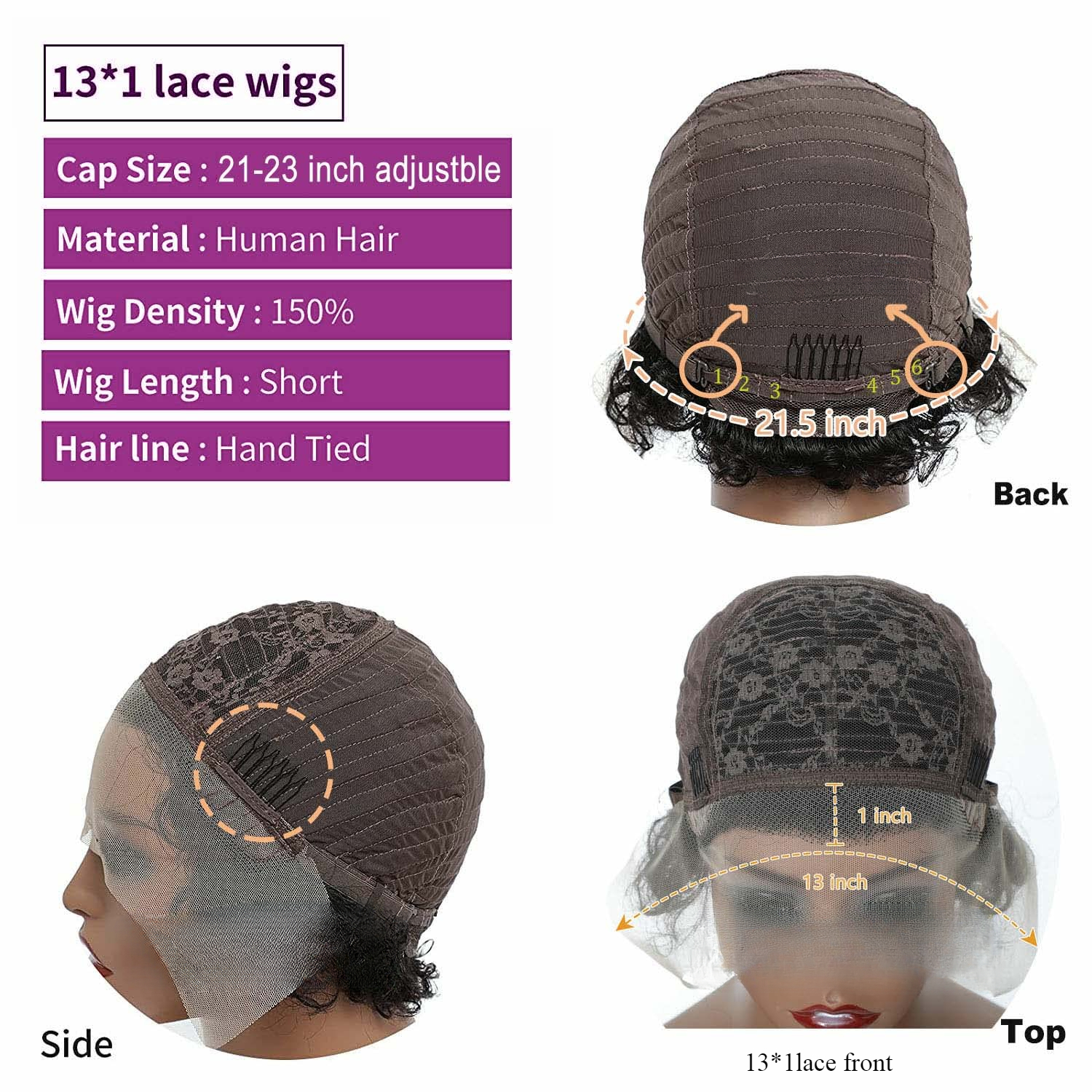 Natural Black Short Curly Pixie Cut Wig with Lace Front - 6 Inches | Hand-Tied & Plucked