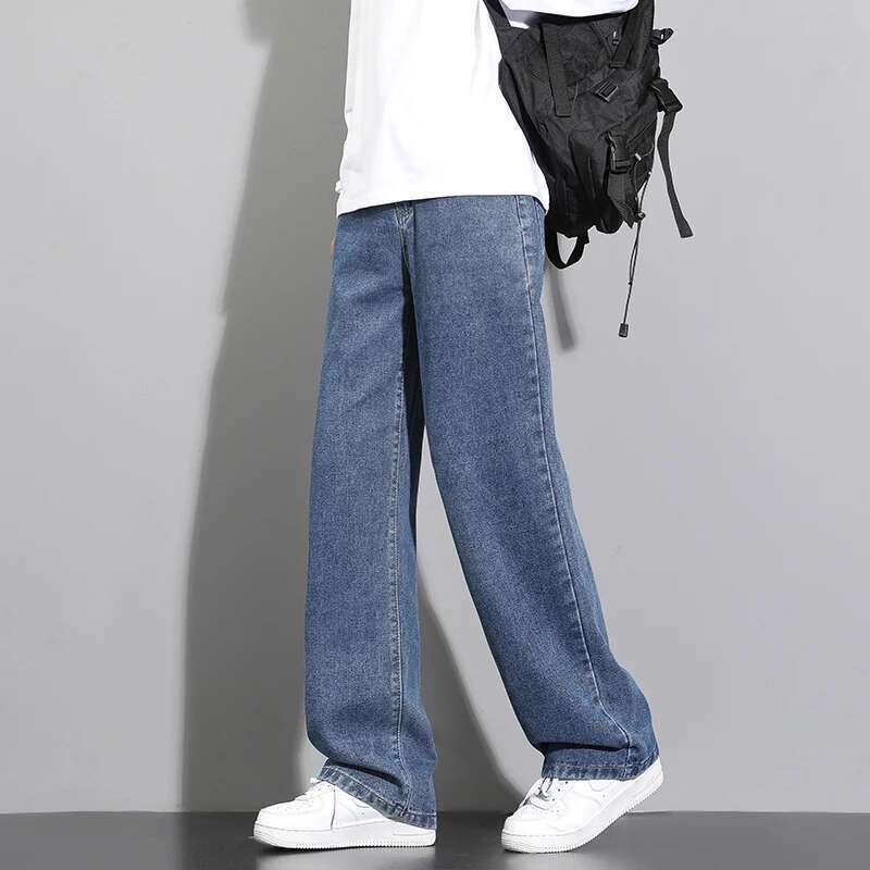 2025 New Korean Men's Casual Long Jeans Classic Man Straight Denim Wide-Leg Pants Solid Color Light Blue Grey Black