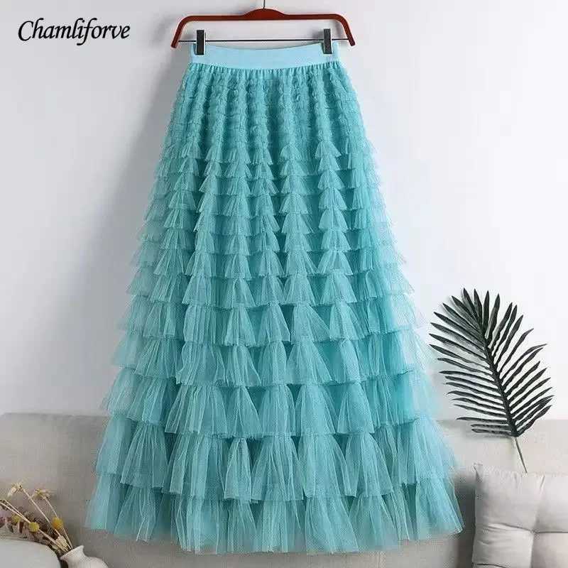 Chamliforve womens chiffon mesh skiing elegant elastic waist fairy long A-line Tutu skiing spring and summer long cake skiing M250424