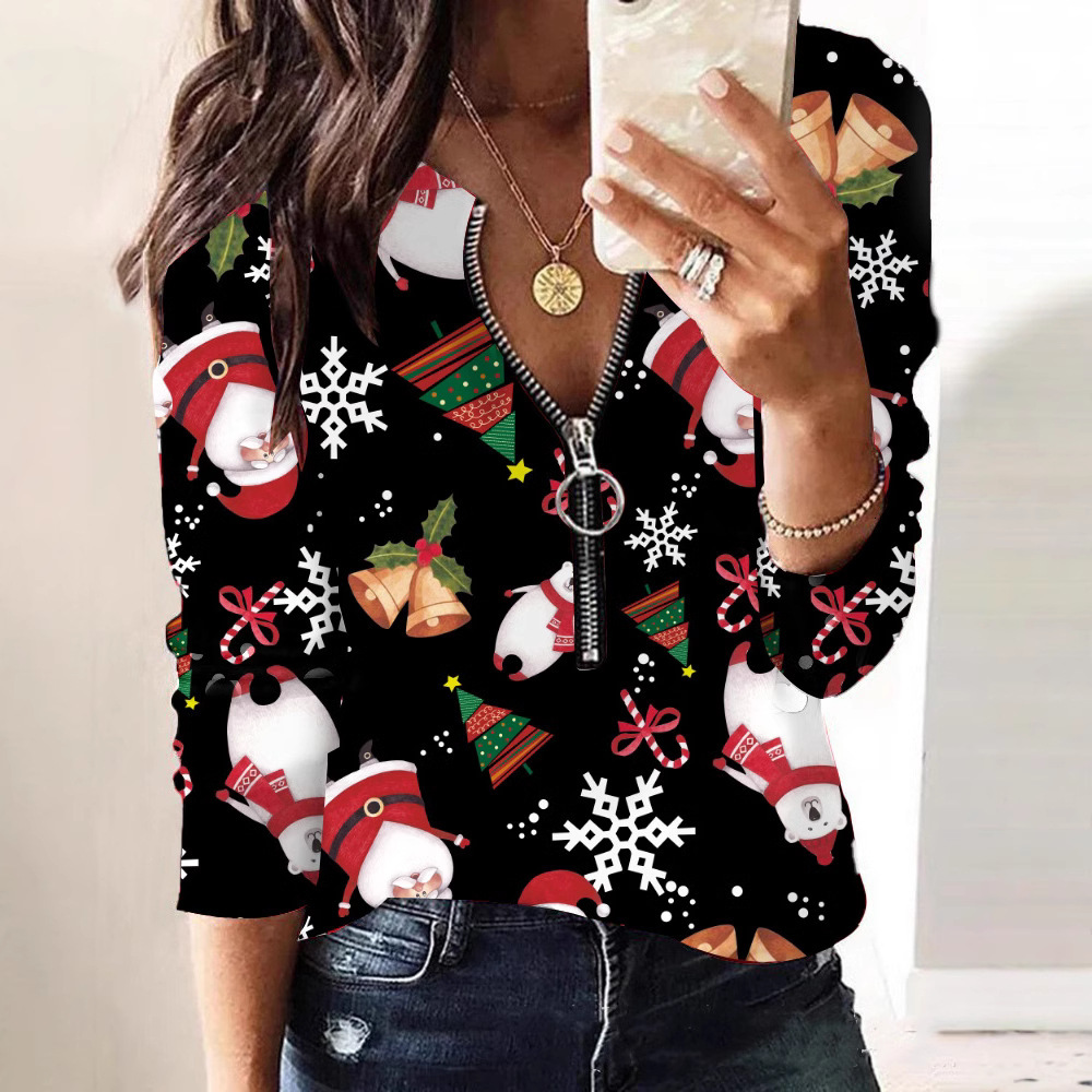 2023 Autumn/Winter New Christmas Printed V-neck Long sleeved Hoodie Womens Top