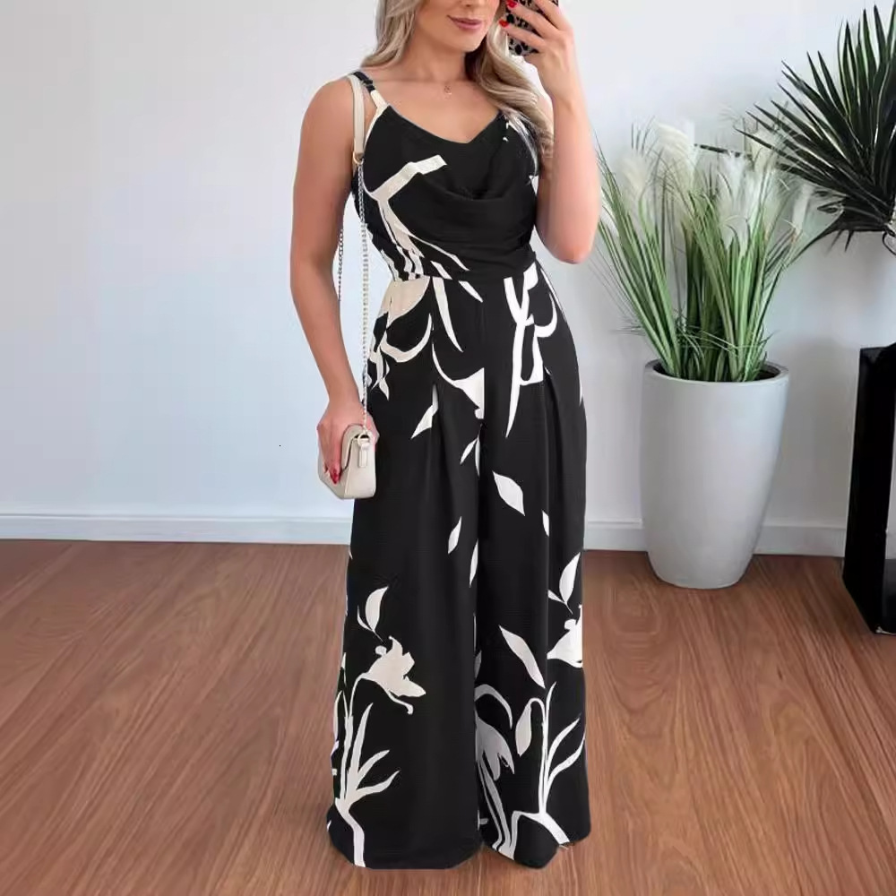 2024 Fashionable and Elegant Hanging Strap Open Back Waist Wide Leg jumpsuit for Women