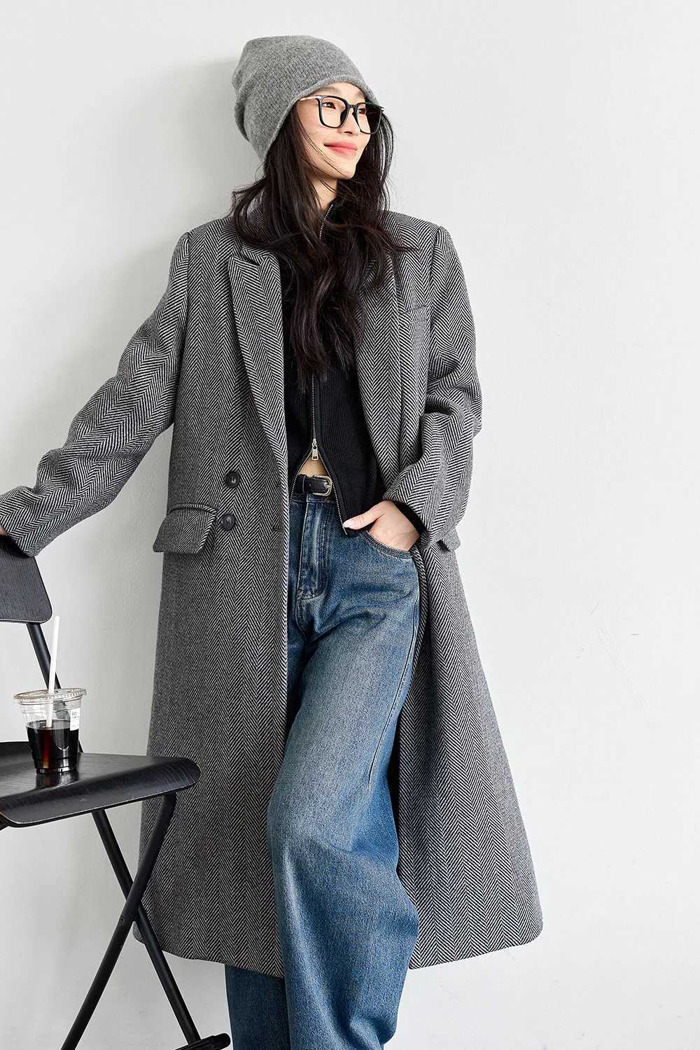VIMLY Women Elegant Wool Blend Long Blazer Coat Fall/Winter Thick Warm Simple Double Breasted Overcoat Office Lady Outerwears J251124