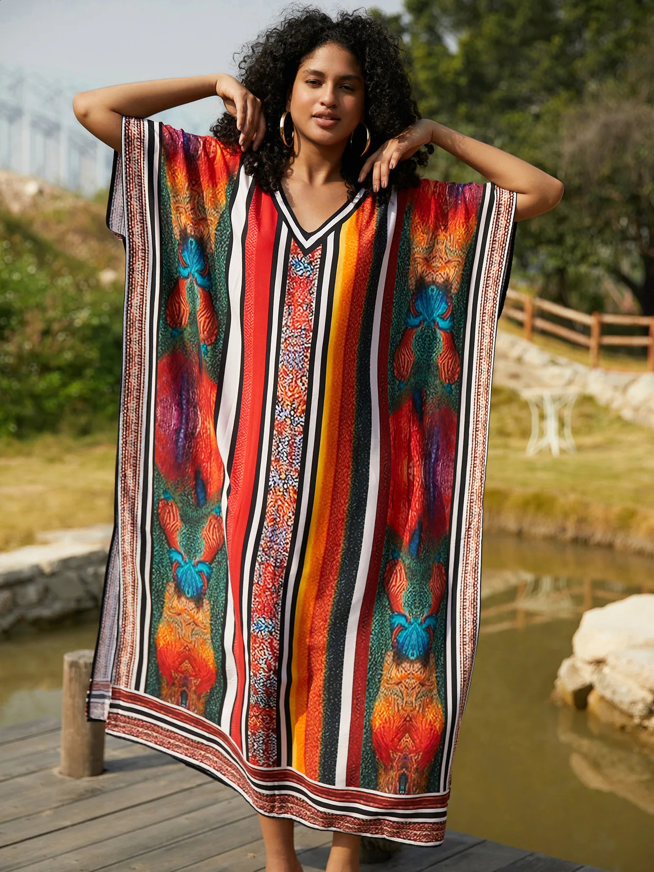 Womens Maxi dress retro print beach Kaftans swimsuit hooded summer holiday factory supply direct shipment 250422