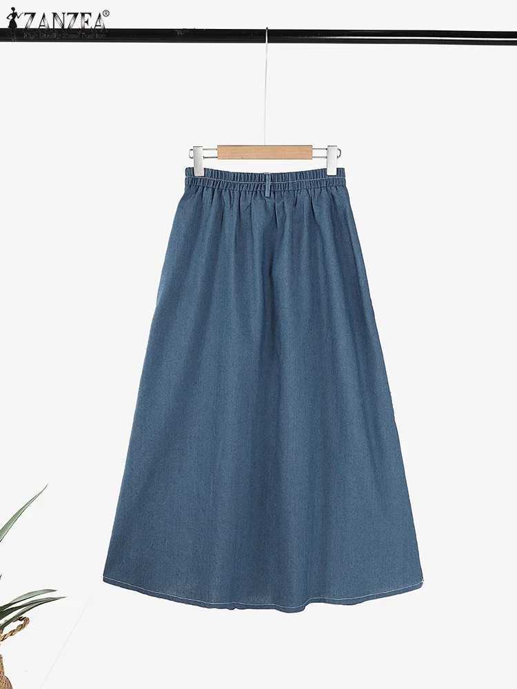 Autumn Elastic Waist Solid Skirts ZANZEA Fashion Women Denim Blue Skirt Elegant A-line Work Overskirts Leisure Loose Holiday Jupe M250424