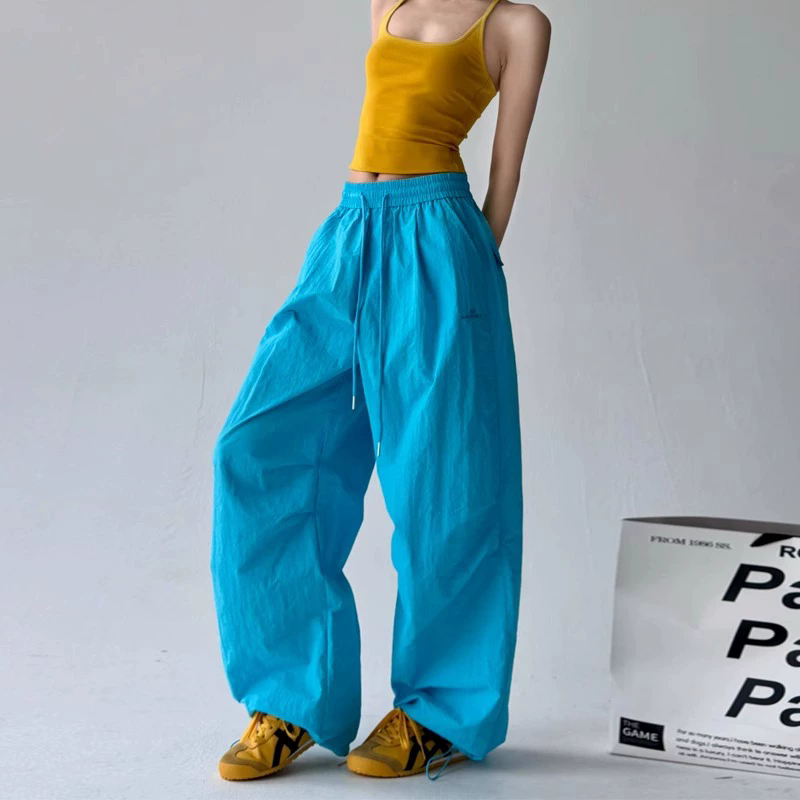 Fashion Style Retro Drawstring Pleated Paratrooper Pants Overalls Women's Loose Straight Casual Pants Trendy Trousers XXL Blue Red 4 Color Spring