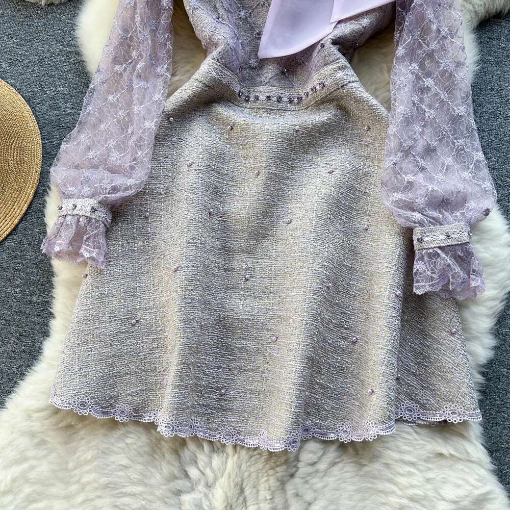 Elegant Long Sleeves Vintage Stand Collar Bow Chic Mesh Embroidered Beads Floral Slim A-Line Dresses High Street Autumn Clothing