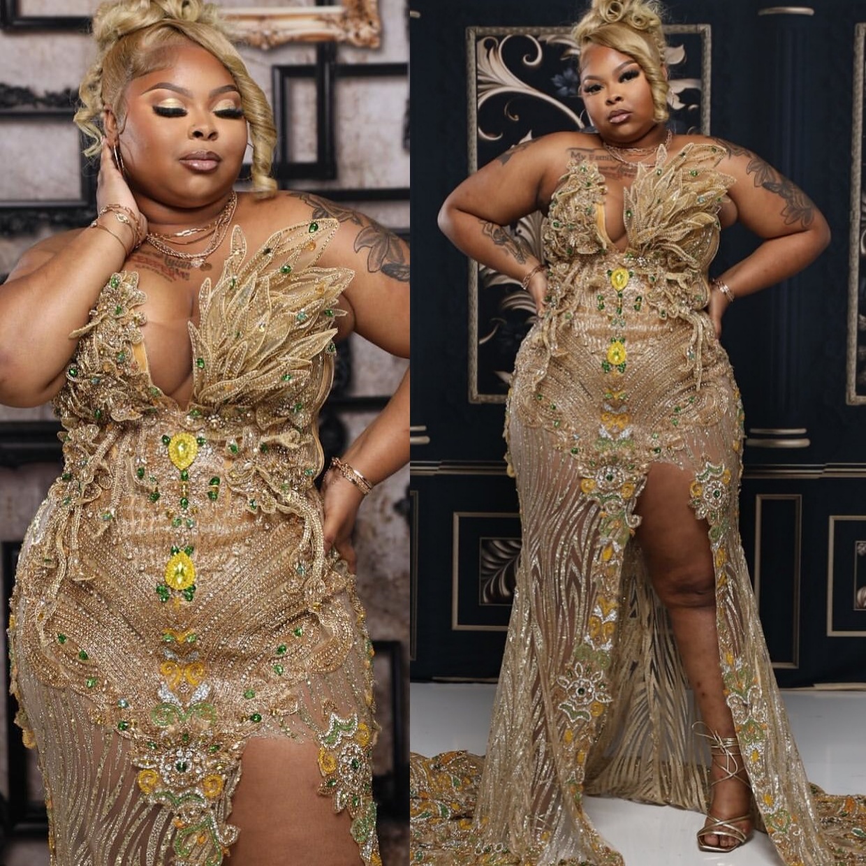 Gold Mermaid Plus Size Prom Dresses 2025 Rhinestones Florals High Split Sequined Evening Formal Party Second Birthday Engagement Gowns Dress For Speci